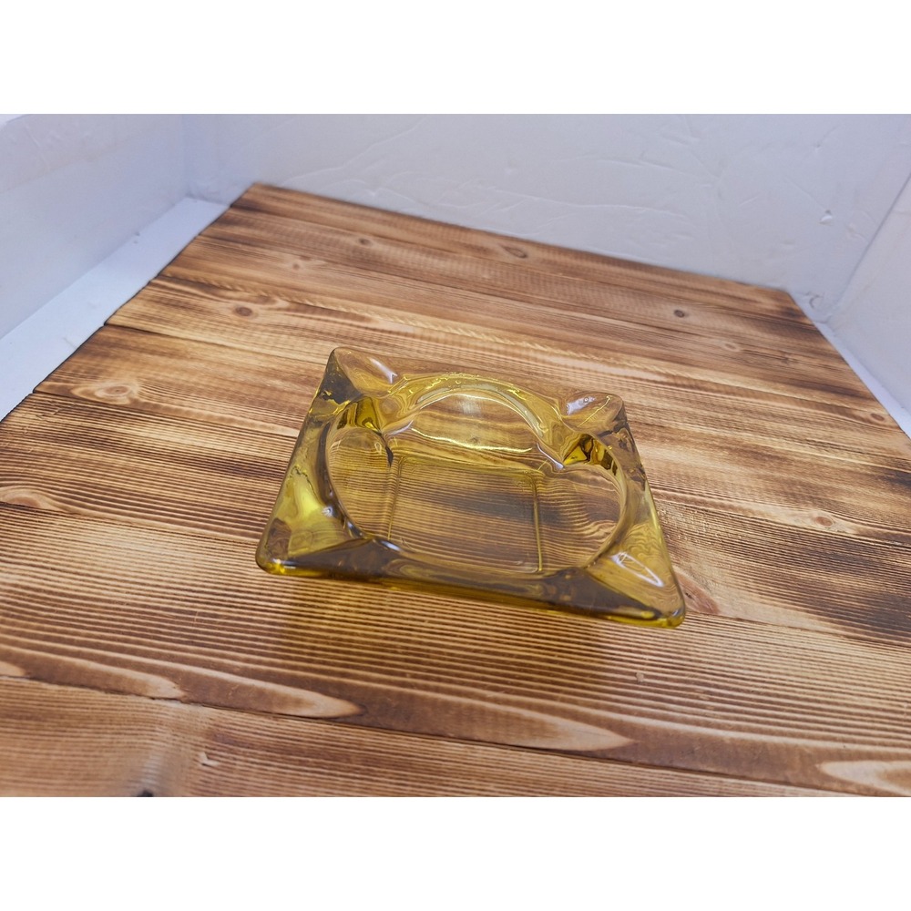 Ashtray Yellow Amber Glass Cigar Cigarette Square Retro Mid Century Modern‎ VTG